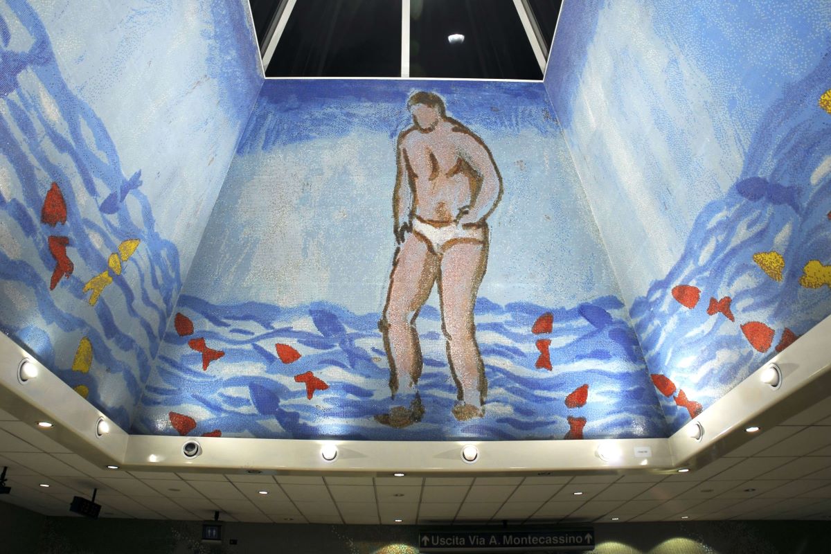 Immagine del mosaico di Sandro Chia alla stazione della metropolitana Materdei di Napoli.