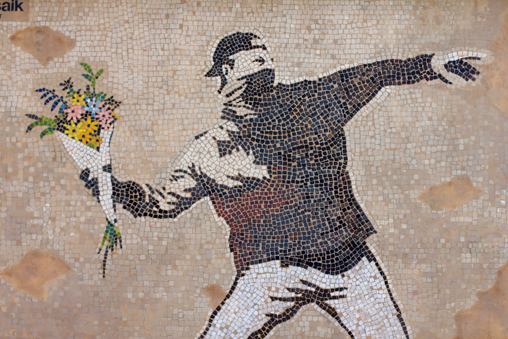 Pittura che riproduce Flower Thrower di Bansky