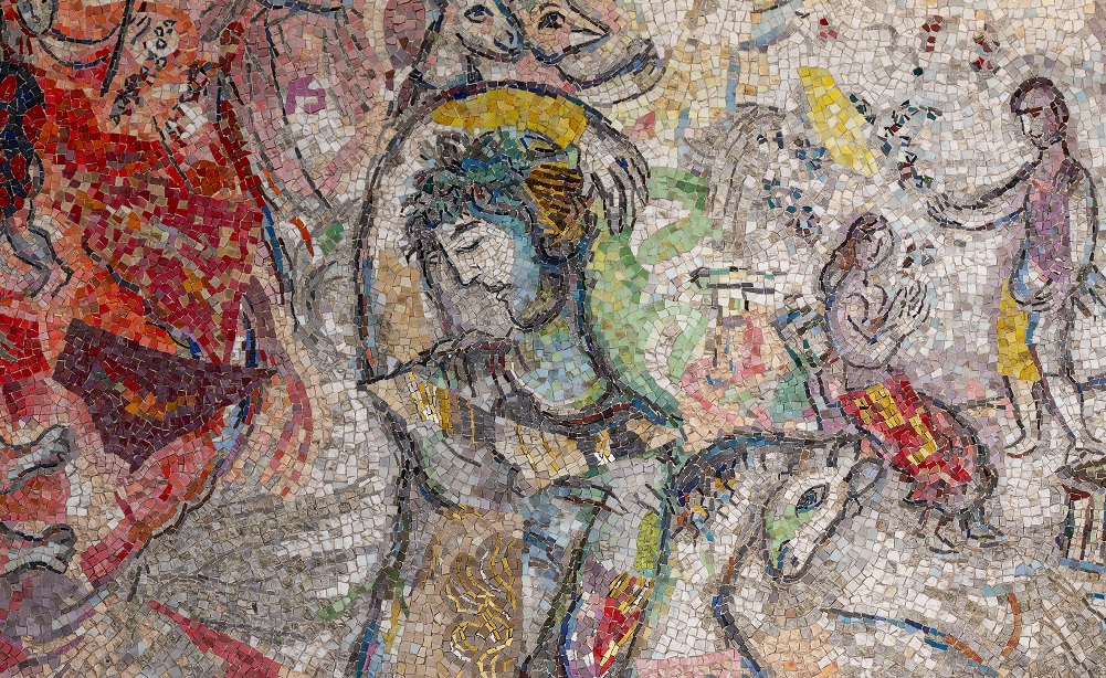 Foto di un dettaglio del mosaico su bozzetto di Chagall Le Message d’Ulysse (part.), 1968