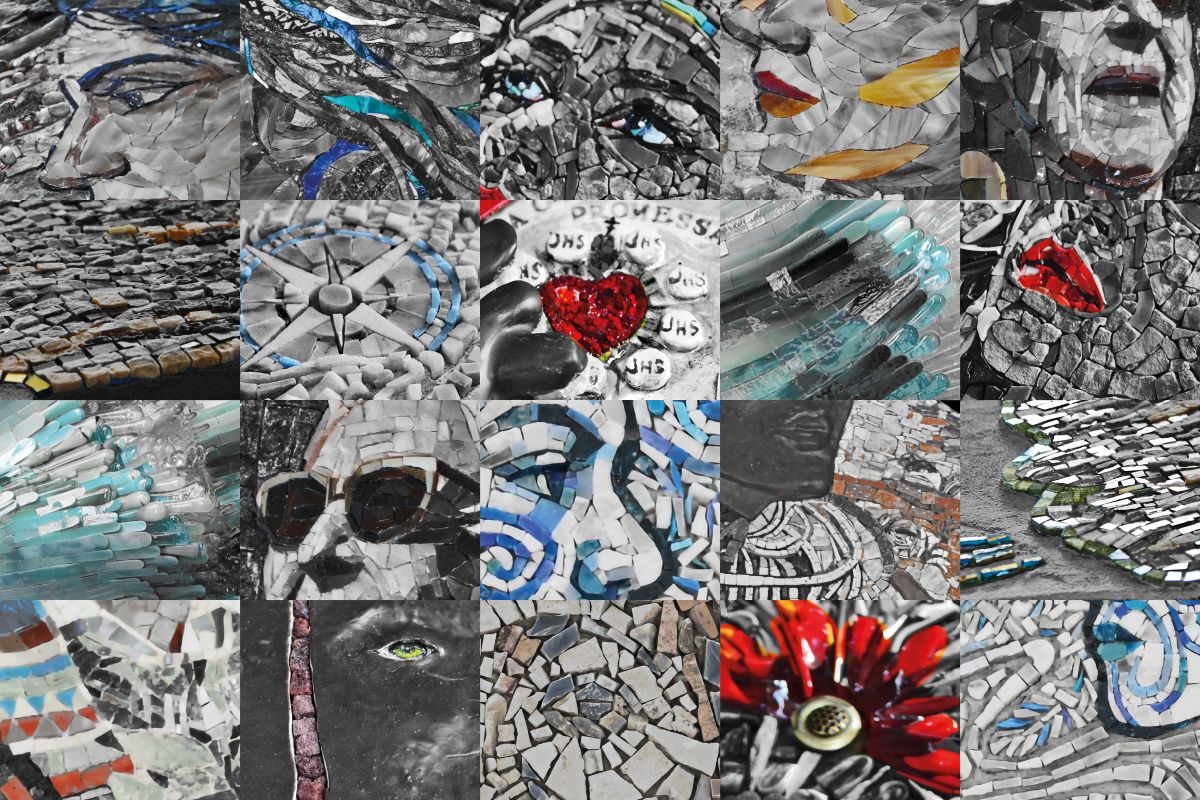 Foto di alcuni mosaici con dettagli di volti di donna
