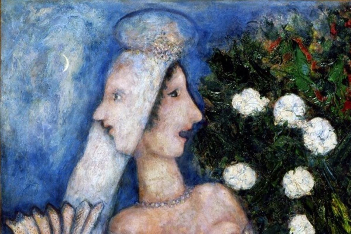 Foto di un dipinto con una donna bifronte.