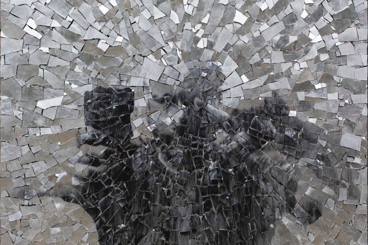 Foto di un'opera a mosaico che rappresenta un uomo che si specchia