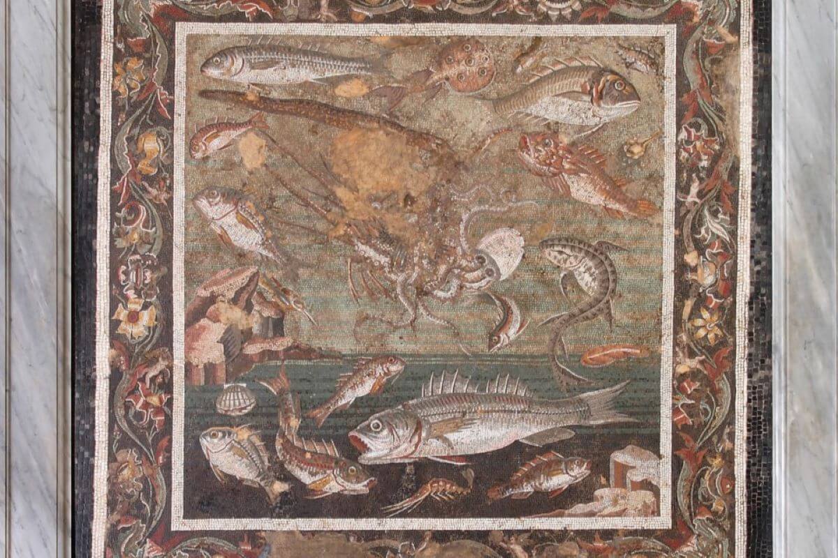 Foto di un mosaico antico con tante varietà di pesci, animali marini e conchiglie.