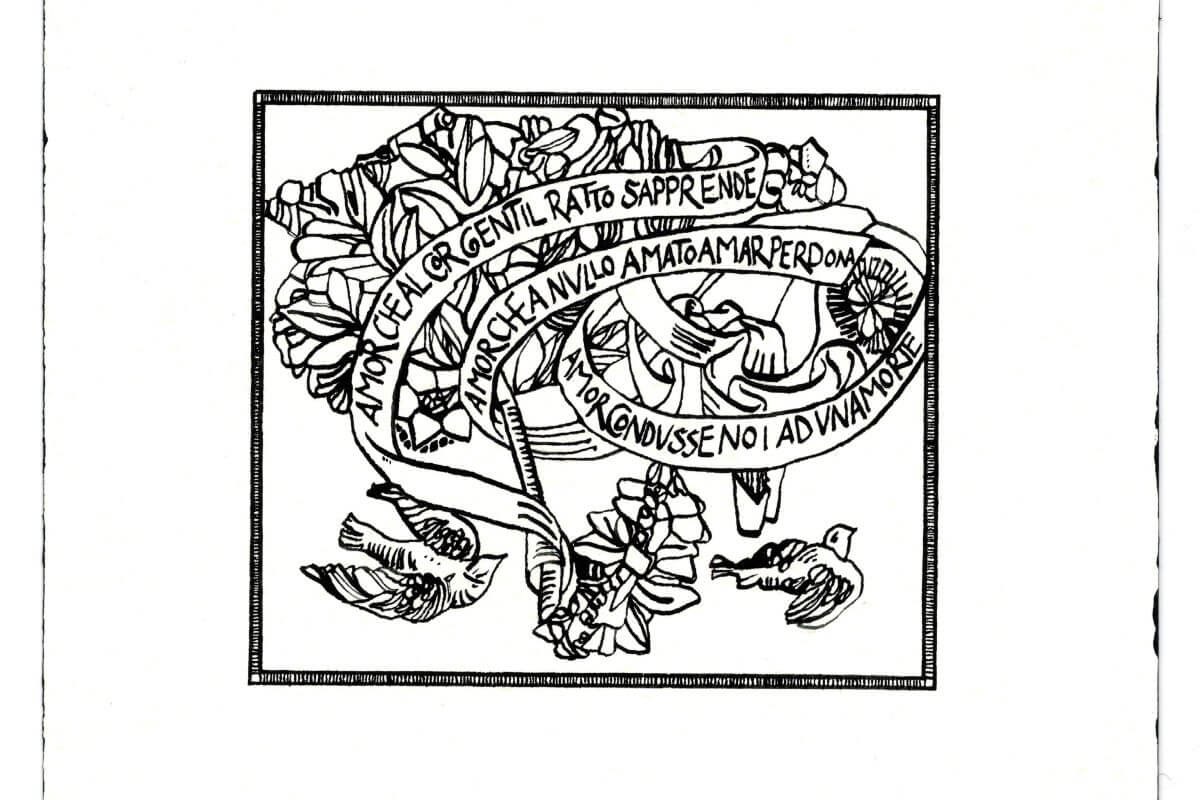 Foto di un disegno in bianco e nero con fiori, due colombe e versi del V canto dell'Interno di Dante